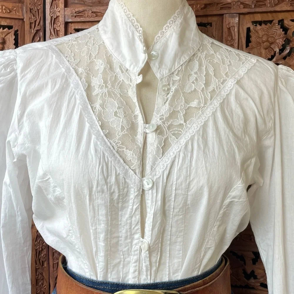 Victorian-Inspired Western White Cotton Lace High-Neck Button Down bell sleeve - Picture 3 of 13